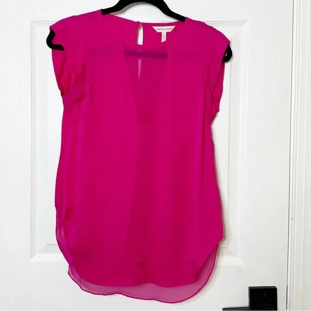 REBECCA TAYLOR Charlie Top 100% Silk Fuschia Barbiecore Size‎ 2 - Picture 2 of 7